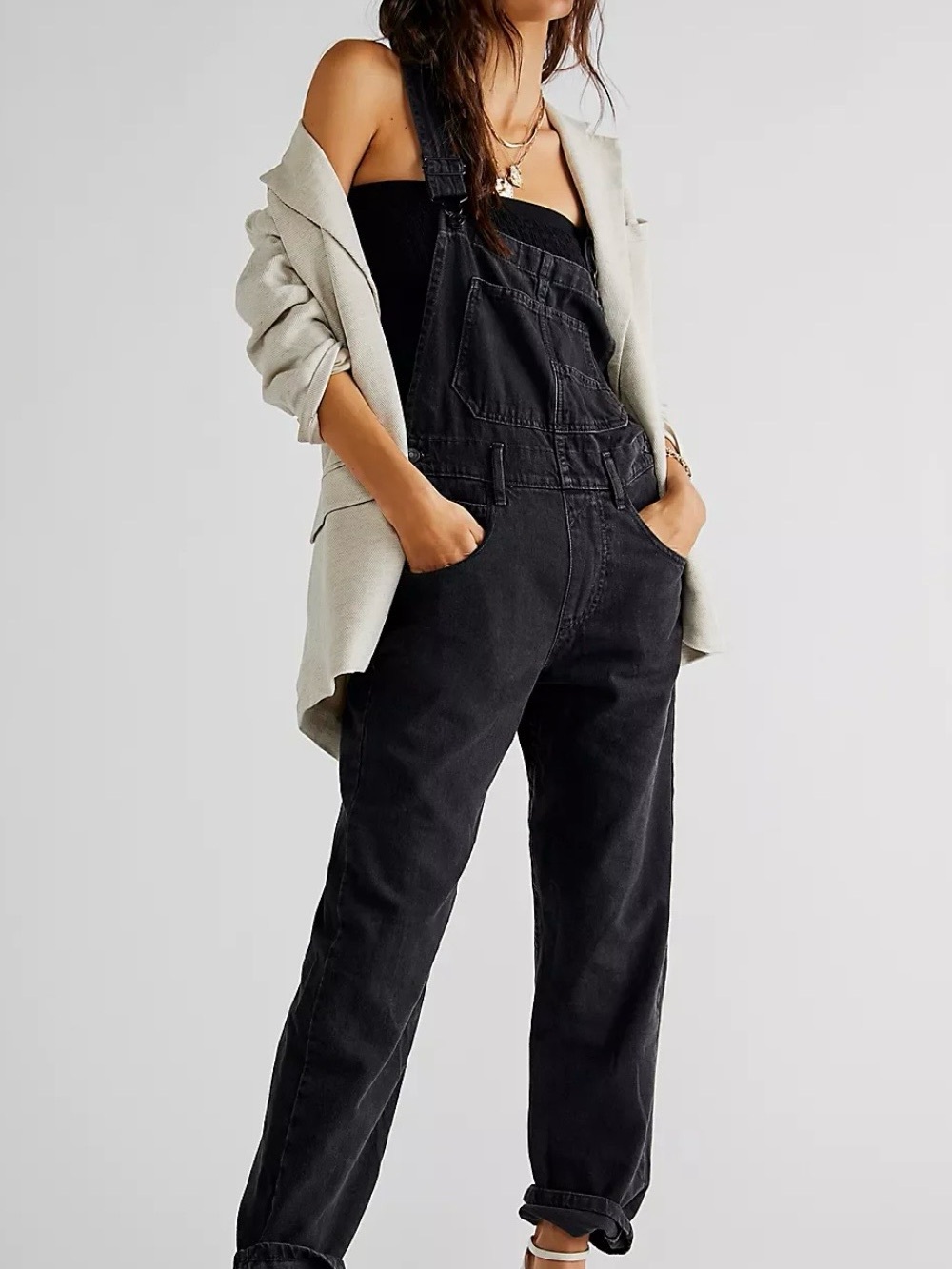 Free People Black Denim Overalls with Relaxed Fit